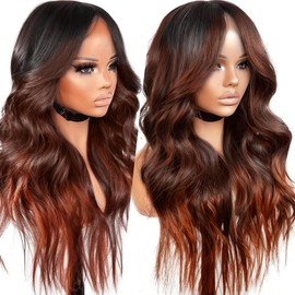 YUPEWG Synthetic 13x4x1 Lace Front Wig for Women Ombre Auburn Natural Wavy Wig HD Glueless Pre Plucked Ready to Wear Long Middle Part