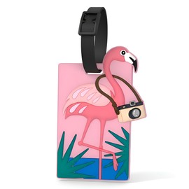 Luggage Tags for Suitcases, Pink Flamingo Soft Silicone Bag ID Label with Writable Info Card, Cute Tropical Bird Travel Identifier for Carry Ons Backpacks Beach Bags Vacation Trips Kids Teens Adults