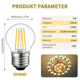 ehomeled E27 LED G45 Mini Glühbirne Warmweiß 2700K, Klares Glas & Retro-Filament, 720lm 6W (=55W), Vintage LED Lampe für Tisch- & Deckenleuchten, 4er-Pack