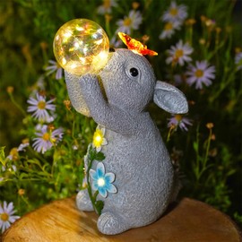 Goodeco Solar Garden Rabbit Lights Rabbit Statue with Bubble Ball Waterproof Decorations Cute Bunny Figurine for Outside Yard Lawn housewarming gifts