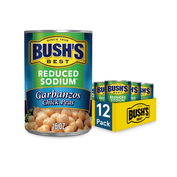 BUSH'S BEST 16 oz Reduced Sodium Garbanzo Beans, Source of Plant Based Protein and Fiber, Low Fat, Gluten Free, (Pack of 12)