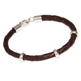 NOVICA Artisan Handmade Men's Leather Sterling Silver Bracelet with Accents No Stone Braided Peru [bracelet 8.75 in L 5 mm W] ' Fierce Chankas in Brown'
