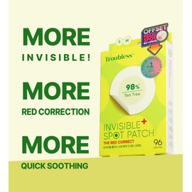 Troubless Invisible Plus Spot Patch The Red Correct - Thin Hydrocolloid w/ 98% Tea Tree Extract for Redness - High-Absorption, Seamless Adhesion & Easy-Wear Zit Patches for Face (96 ea)