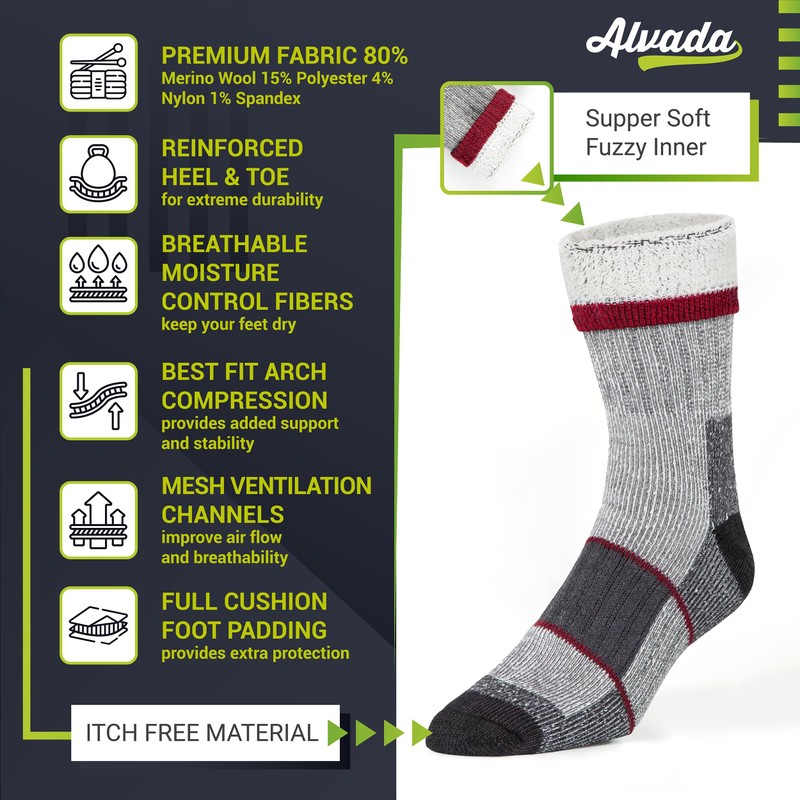 Alvada Merino Wool Hiking Socks Thermal Warm Crew Winter Boot