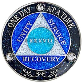 Simply Minimal (Years 1-50) AA 37 Year Crystals and Glitter Medallion, Silver Color Plated Coin, Black Rainbow, Blue Glitter and Three Clear Crystals, Epoxy Covered