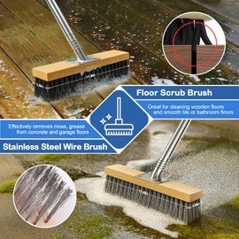 fshihine 3-in-1 Deck Brush Kit, Heavy Duty Stainless Steel Wire & Floor Scrub Brush with Long Handle, Crack Weeder Tool, Stiff Bristle Scrubber Broom for Tough Stains on Deck Concrete Garden Garage