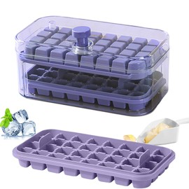 Ice Cube Tray(9.05 * 4.92 * 3.93in) with Lid, Scoop and Bin 32grids and 64grids Molds Fast Ice Cubes Collection Easy to Use Food Grade Material BPA Free (Purple 64grids)