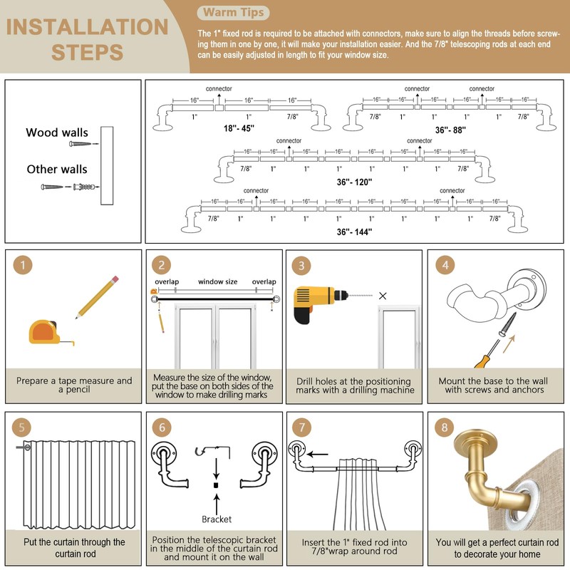 OLV 2 Pack Gold Industrial Curtain Rods for Windows 48