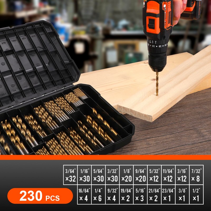 COMOWARE 230 Pcs Titanium Coated Drill Bit Set for Wood,