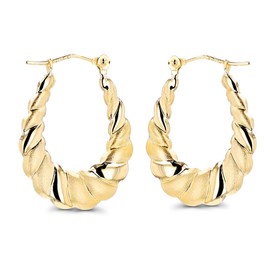 14K Yellow Gold Polished & Textured Twisted Shrimp Hoop Earrings For Women | 2x21mm Hoops | Earrings For Sensitive Ears | Solid Gold Earrings For Women