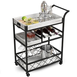 GentProd Bar Cart - 3-Tier Rolling Bar Cart with Wheels and Handle, Wine Cart Rack & Glass Holder, Tools Included (Light Oak) Black