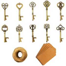 Key Bottle Openers - Pack of 50 Key Bottle Openers with Kraft Paper Gift Tags and String for Wedding Favours Antique Rustic Party Decoration, Bronze
