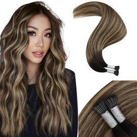 Moresoo Itip Human Hair Extensions Natural Black to Brown with Ash Blonde Ombre Itip Real Human Hair Extensions 16 inch Pre Bonded Hair Extensions Remy Hair Balayage Brown 40g/50s