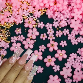 ROFIBUT Flower Nail Art Charms 3D Pink Flowers Nail Gems with Gold Pearl Beads Mix Sized Acrylic Flower Rhinestones Metal Beads Spring Cherry Blossom Gems Design for Women DIY Nail Decorations 1000Pcs