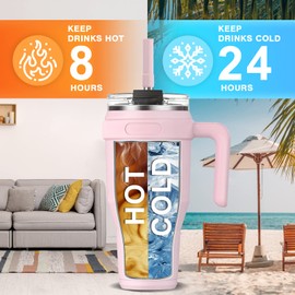 Zukro 40 oz Tumbler with Handle and Wide Straw, No Sweat Insulated Stainless Steel Cup with Leakfroof Screw on 2-in-1 Lid, Fit in Cupholder, Keeps Drinks Cold 24 Hours, Dishwasher Safe, Pink