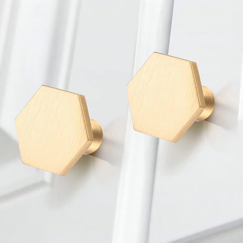 6 Pcs Brass Cabinet Door Knob, Hexagonal Gold Kitchen Door