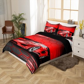 Homemissing Red Racing Car Duvet Cover Set Boys Girls Speed Sports Car Bedding Set 135 x 200 cm for Children Extreme Sports Lighting Honeycomb Theme Bedding Set Room Decor