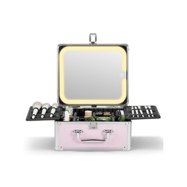 Makeup Box with Lighted Mirror Detachable, Cosmetic Organizer and Portable Makeup Box with Adjustable Dividers, 3 Color Scenarios, Adjustable Brightness Travel Train Case(Icy Pink, Diamond Textures)