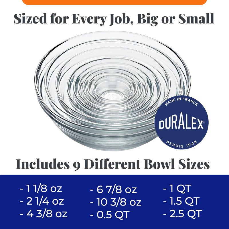 Duralex Gigogne Stackable Glass Mixing Bowls Set, Chip Resistant Durable