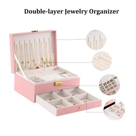 GUOER Jewelry Organizer Box for Women - Large PU Leather Jewelry Organizer Storage Case with Two Layers Display for Earrings Bracelets Rings Watches (Pink)