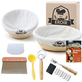 EROIR Sourdough Banneton Bread Proofing Basket Set - 9" Round 10" Oval Linen Lined Baskets Baking Supplies, Danish Whisk, Lame, Bowl Scraper, Dough Scraper, Cleaning Brush, Recipes Book