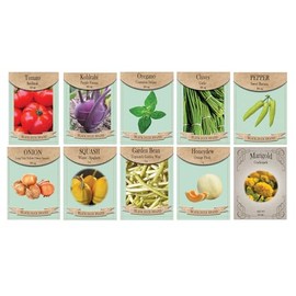 Vegetable & Herb Seed Set - 10 Varieties of Non-GMO Heirloom Premium Seeds for Planting - Banana Pepper, Beefsteak Tomato, Marigold, and More!