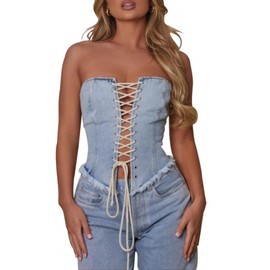 ZGMYC Women's Strapless Criss Cross Denim Corset Tube Top Sexy Hollow Out Lace Up Bustier Jean Camisole Shapewear
