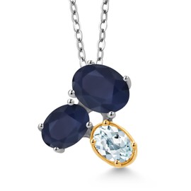 925 Silver and 10K Yellow Gold Blue Sapphire and Sky Blue Aquamarine Pendant Necklace For Women (3.30 Cttw, Oval 8X6MM, 7X5MM and 6X4MM, Gemstone September Birthstone, with 18 Inch Chain)