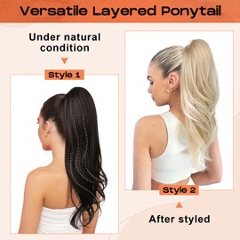SEIKEA Versatile Drawstring Ponytail Extension, 26" Long Wavy Multi Layered Clip in Ponytail Hair Extensions Stand Up High Fake Pony Tail Soft Natural Synthetic Hairpiece Light Brown/Blonde Highlights