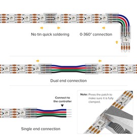 BTF-LIGHTING 4 Pin 10mm 0.39in Width Transparent Connector Kit 8pcs Corner Connector 4pcs Gapless Solderless Connector 4pcs 5.9in Long 22AWG Extension Wires Support WS2815 WS2813 etc SMD LED Strip
