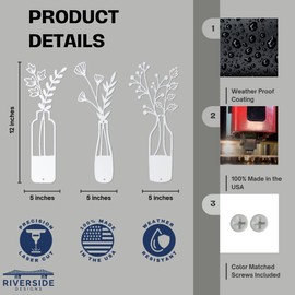 3-Piece Metal Flower Wall Art - Rustic Farmhouse Black Minimalist Vase Wall Decor for Living Room, Bedroom, Bathroom, Dining Room - Modern Floral Wall Hanging Home & Housewarming Gift (12", White)