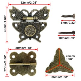 2 Sets Antique Wood Case Chest Box Hasp Latch Lock Retro Decorative Hinges and Box Corner Protectors with Screws Hardware Kit for Jewelry Box Decoration and Repair Wooden Small Box (Butterfly-Shape)
