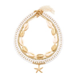 COLORFUL BLING Boho Puka Shell Starfish Seashell Choker Necklace for Women Layered Stackable Adjustable Beaded Chain Necklace Hawaiian Holiday Summer Beach Jewelry-B white