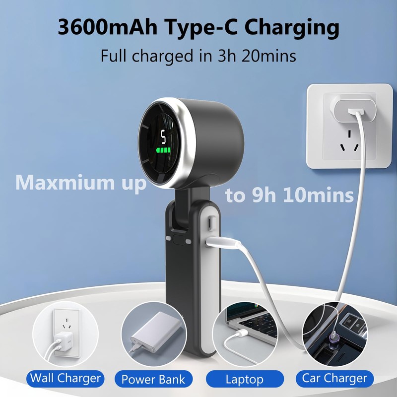 Portable Compact Handheld Fan, 3600mAh, USB Rechargeable Battery Operated, 5