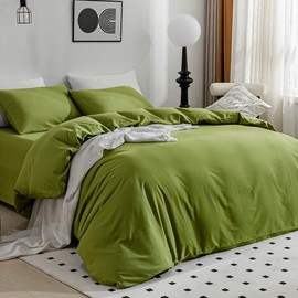 JELLYMONI Avocado Green Duvet Cover Queen Size - 100% Washed Cotton Linen Like Textured Comforter Cover, 3 Pieces Breathable Soft Bedding Set with Zipper Closure (Avocado Green, Queen 90"x90")