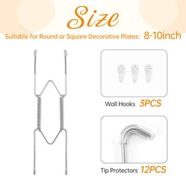 Bilillo 3 Pack Plate Hangers for The Wall, Suitable for 8-10 inch Art Plate, Stainless Steel Invisible Heavy Duty Wire Plate Holder with Wall Hooks, Plate Hangers for Displaying Plates, Silver