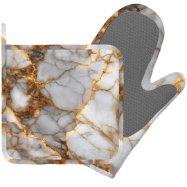 Manoplas de horno y soporte para ollas resistentes al calor de mármol de oro blanco, guantes de microondas de cocina antideslizantes de silicona para cocinar hornear y asar