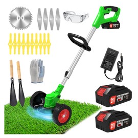 Electric Weed Wacker Eater Cordless Battery Powered, Weed Trimmer 21V Lightweight No-String with 2 Battery Operated & Wheels, 3 in 1 Stringless Grass Trimmer/Edger/Brush Cutter for Garden Yard Lawn