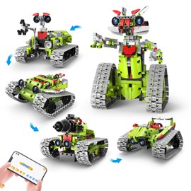 nmoiww Remote Controlled Building Block Robot, Remote Controlled Multiple Interchange Block Jedi Rescue Team, 5-in-1 App and Remote Controlled Robot Tank Off-Road Vehicle (Green)