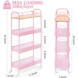 KINGRACK 4-Tier Slim Rolling Cart with Wooden Tabletop, Easy Assemble Metal Utility Cart, Slide Out Narrow Storage Cart for Narrow Space on Bedroom Bathroom Laundry Room Apartments Dormitory, Pink
