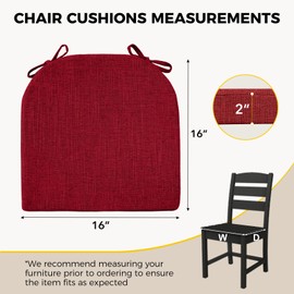 downluxe Indoor Chair Cushions for Dining Chairs, Soft and Comfortable Textured Foam Kitchen Chair Pads with Ties and Non-Slip Backing, 16" x 16" x 2", Red, 2 Pack