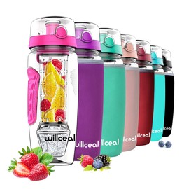 willceal Fruit Infuser Water Bottle 32oz Durable with Removable Ice Gel Ball Large - BPA Free Tritan Flip Lid Tight Design - Sports, Camping (Pink)