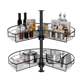 Corner Cabinet Lazy Susan, HANKEY Kitchen Corner Cabinet Organizer with 360° Rotating Metal Turntable，2-Tier Kidney-Cut Shaped Lazy Susans with 22.3~31.1in Height Adjustment,Black