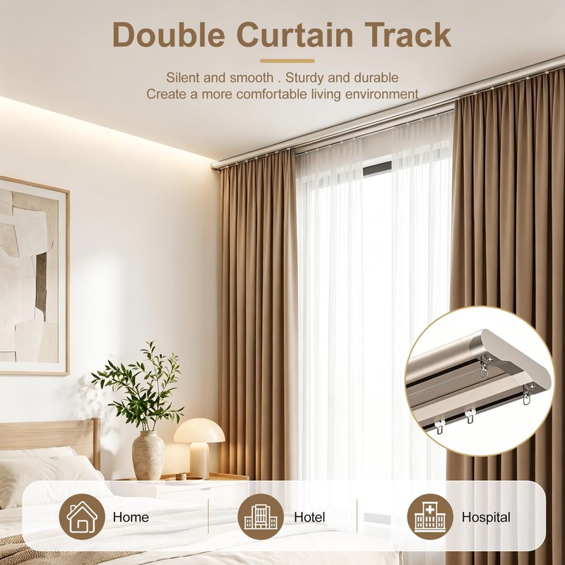 Double Curtain Track Ceiling Mount Silent Smooth, Aluminum Construction, Ideal