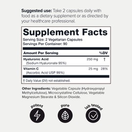 Ultra High Purity Hyaluronic Acid Capsules - 95%+ Highly Purified and Highly Bioavailable - 275mg Formula - Non-GMO Fermentation - High Strength with Vitamin C - 180 Capsules