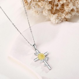 YAFEINI Sunflowers Necklace 925 Sterling Silver Sunflowers Cross Pendant Necklace Birth Flower Jewellery for Women
