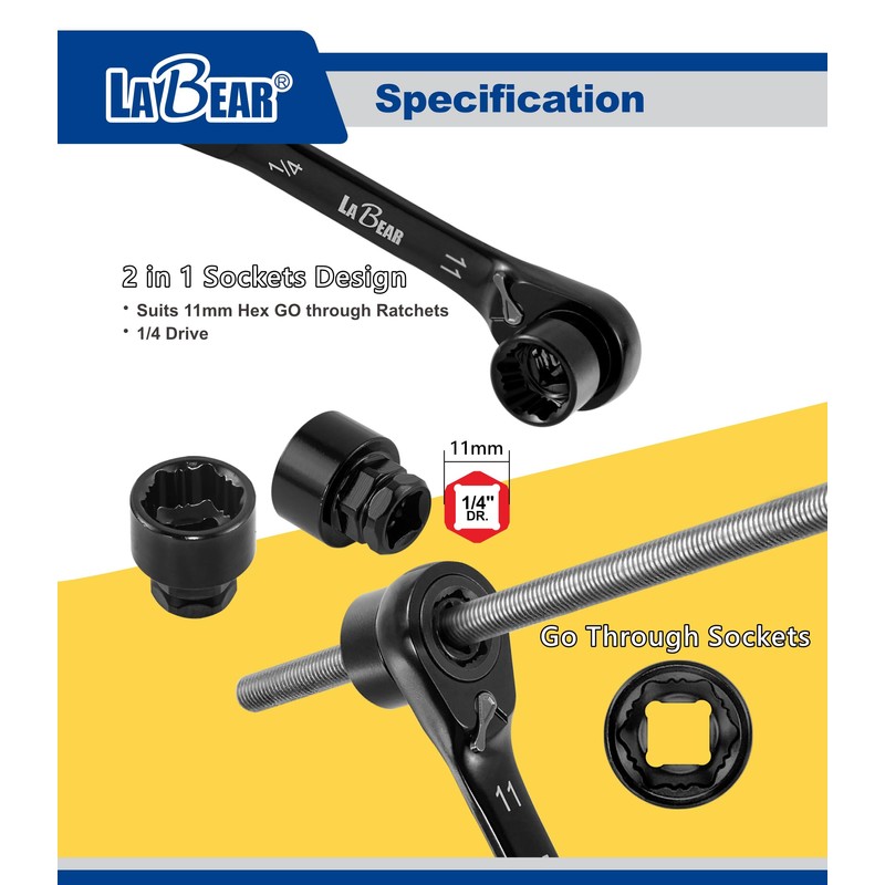 LABEAR-Low Profile 120-Tooth Reversible Ratchet wrench socket set, Non-slip socket,