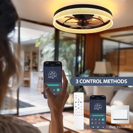 vookea 2 in 1 Ceiling Fans with Lights and Remote Flush Mount, 20” Bedroom Bluetooth Ceiling Fans with Lights, 3000-6500K Bladeless Chandelier Ceiling Fans with App Smart, 6 Speed, White