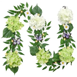Valery Madelyn 6FT Spring Hydrangeas Garland with Lights for Mantle, Green White St Patrick's Day Floral Daisy Garland with Eucalyptus Leaves Butterfly for Home Table Centrepiece Stairs Decorations