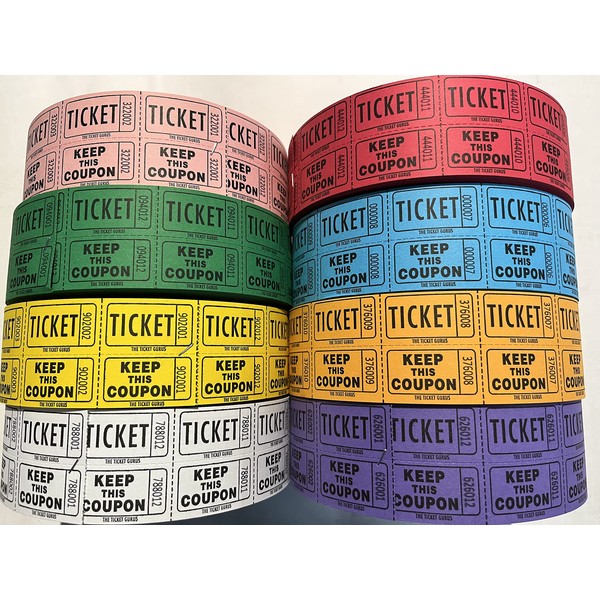 Ticket Guru-Raffle Tickets - (4 Rolls of 2000 Double Tickets) 8,000 Total 50/50 Raffle Tickets {Choose Color Combo Below} ((4) Random Colors)